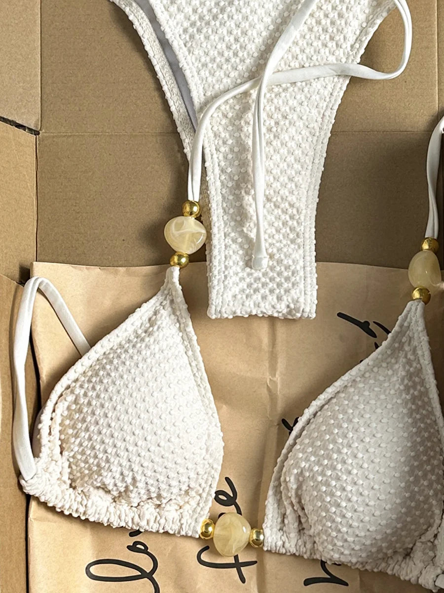 Wrinkled Crinkled Halter Beads Bikini