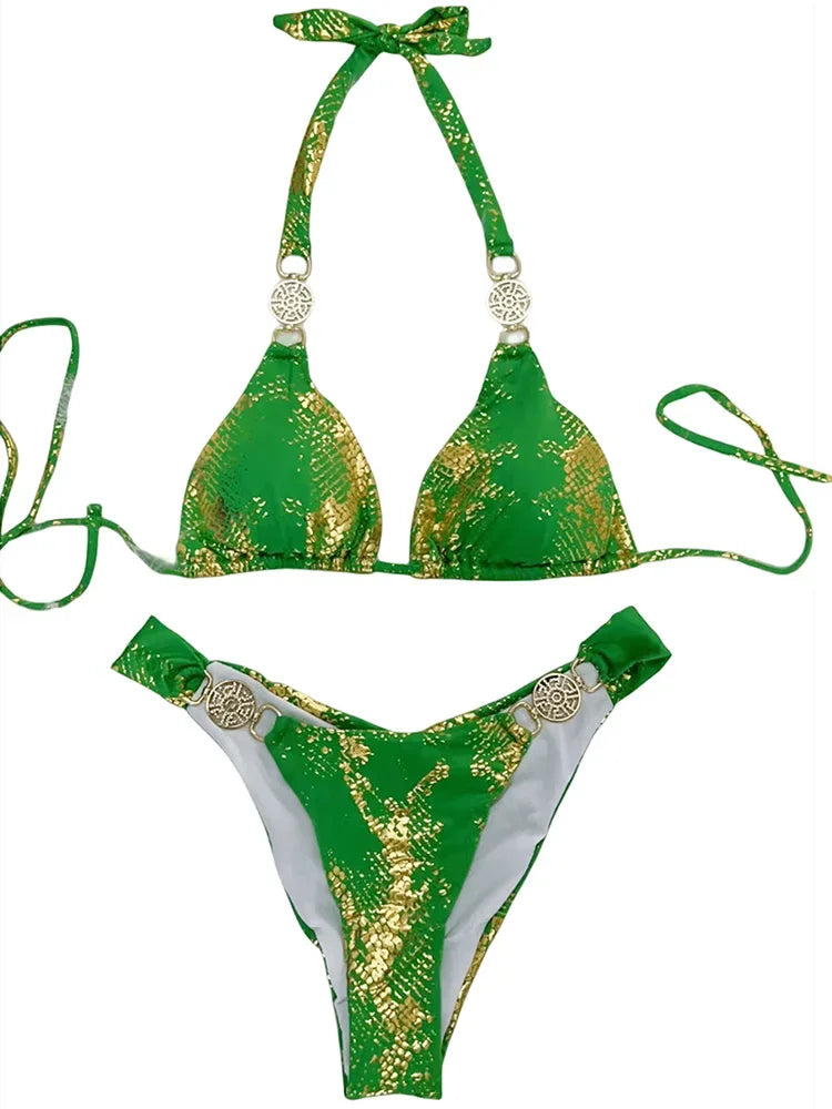 Snake Print Halter Diamond Bikini