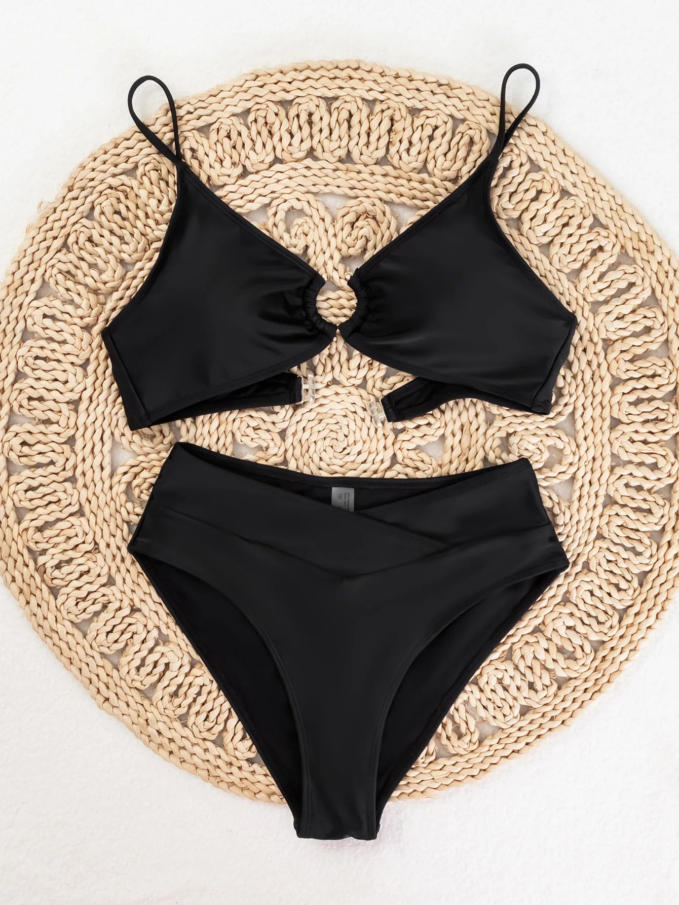 Black Metal Ring Linked Cut Out Push Up Swimsuit