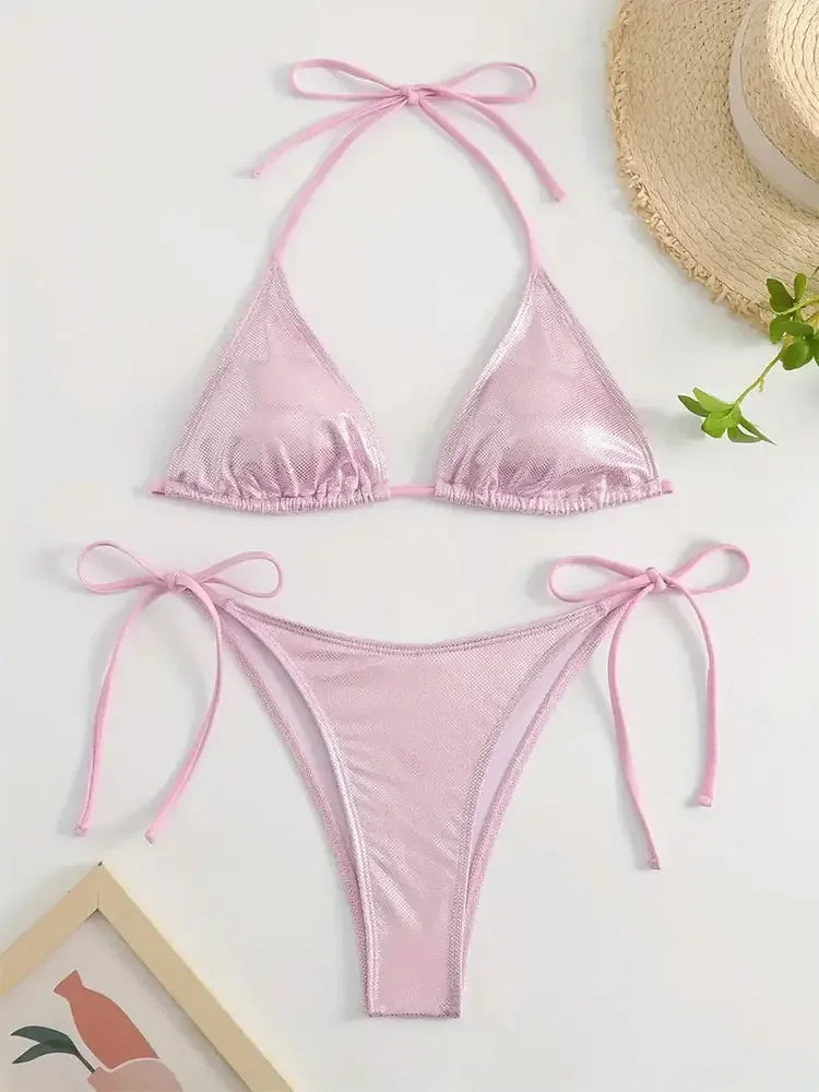 Shiny Bronzing Halter Bikini