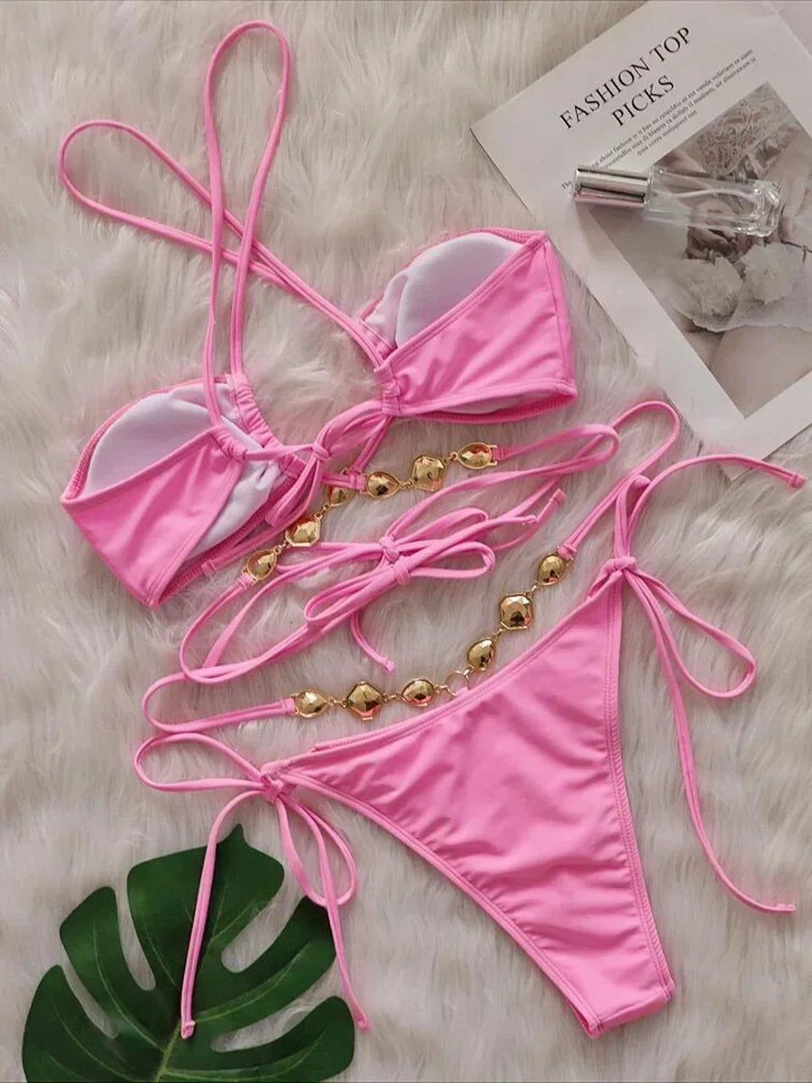 Wrap Around Halter Rhinestones Diamond Bikini