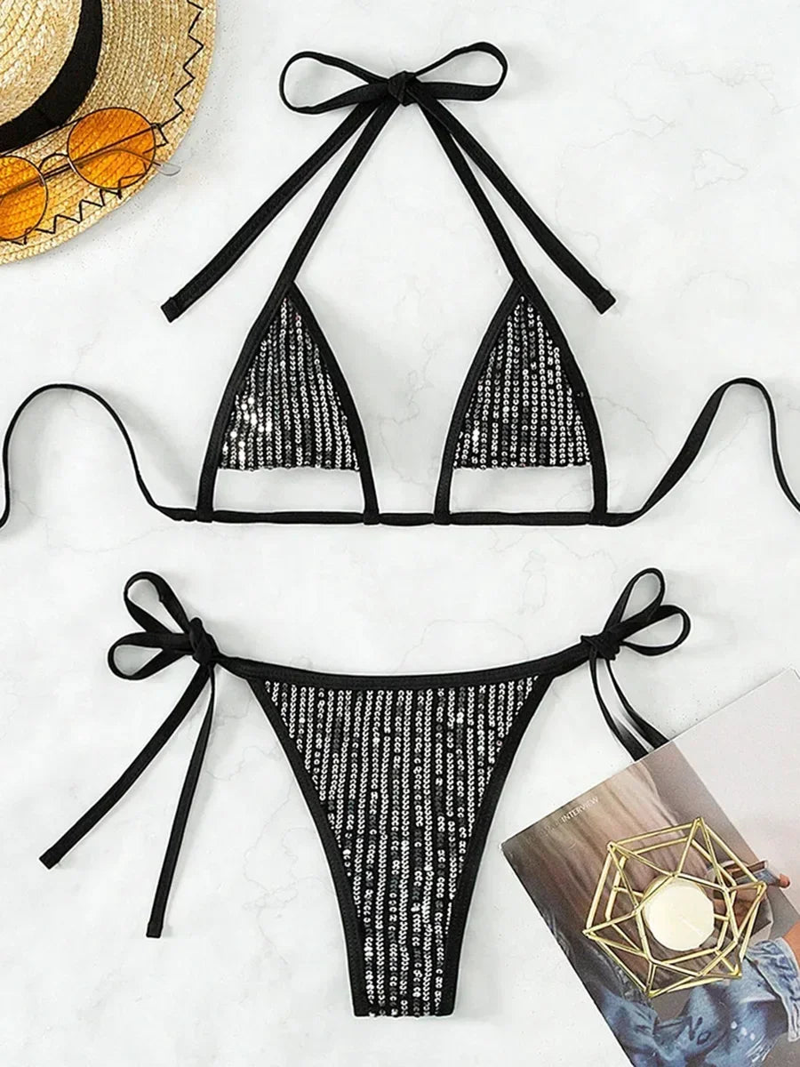 Shiny Sequins Halter Hollow Out Bikini