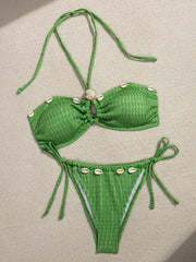 Wrinkled Hollow Out Halter Strappy Bikini