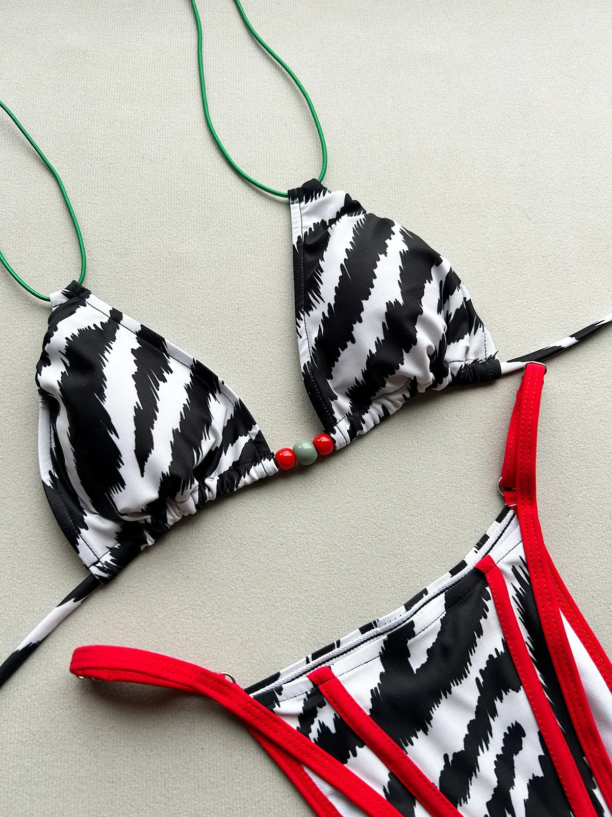 Sexy Red Zebra Print Patchwork Bikini Set