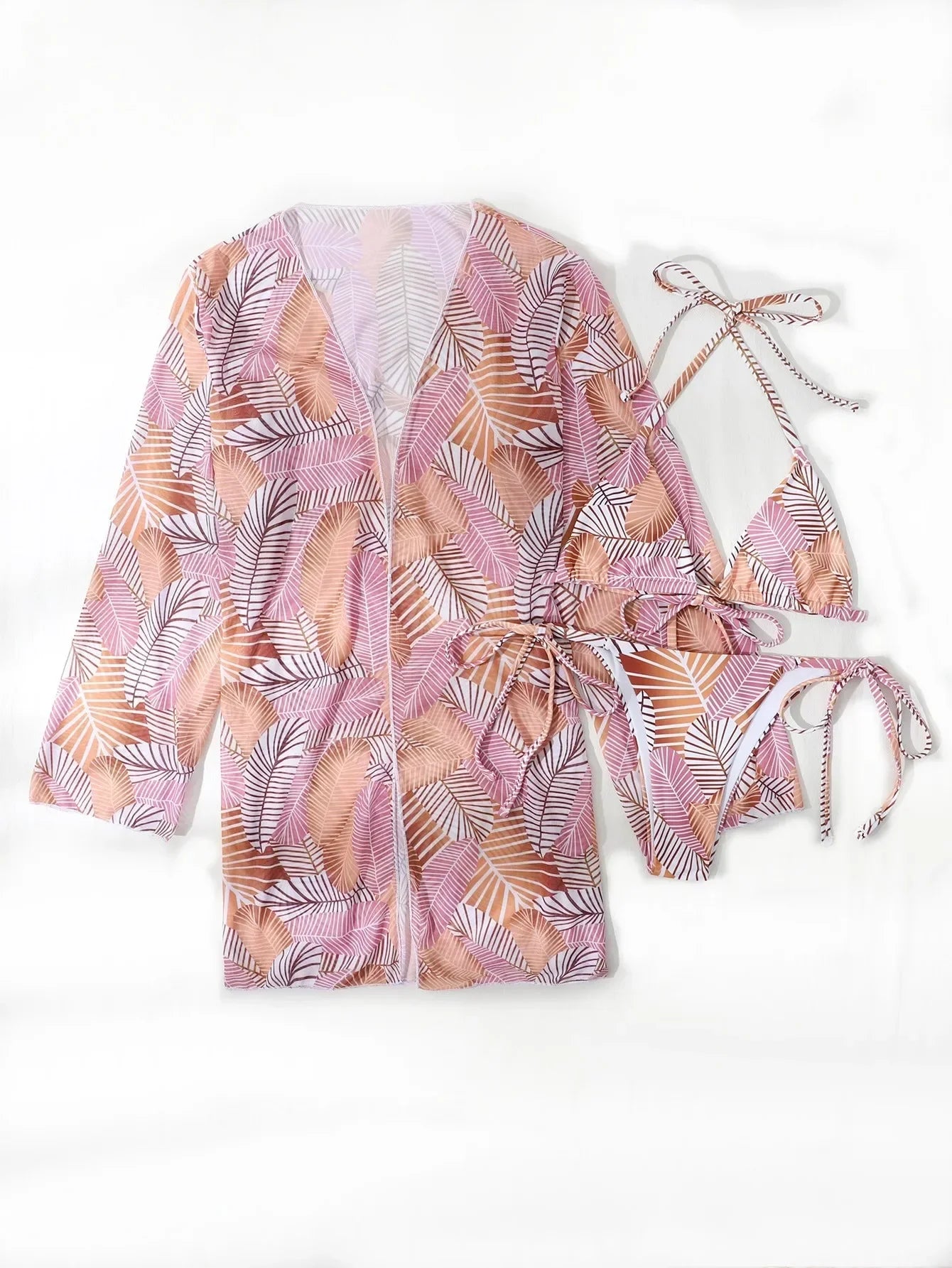 With Cover Up Leaves Printed Bikini