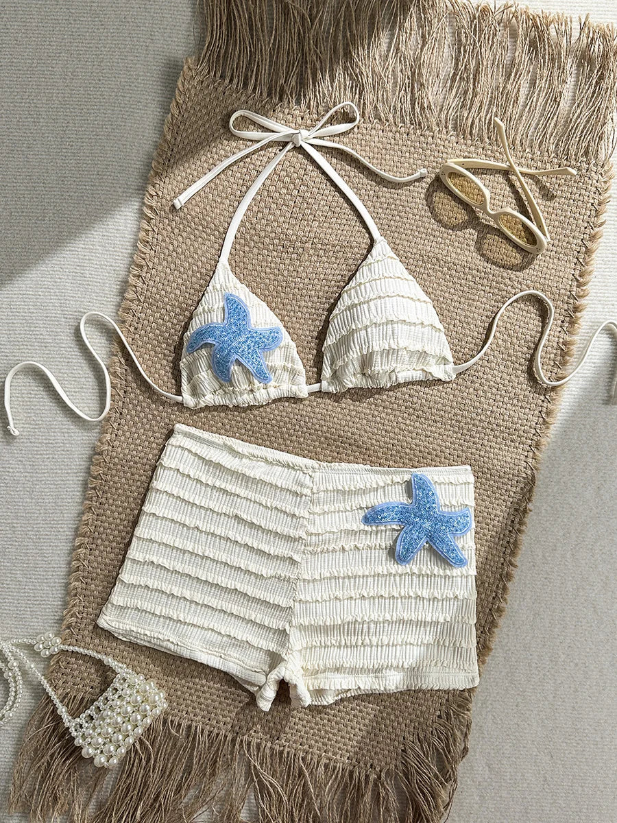 Sequins Starfish Halter Wrinkled High Waist Bikini