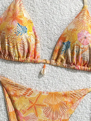 Sexy Orange Leaves Print Micro Bikini