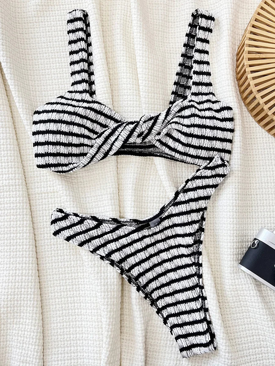 Twisted Striped Wrinkled Brazilian Bikini