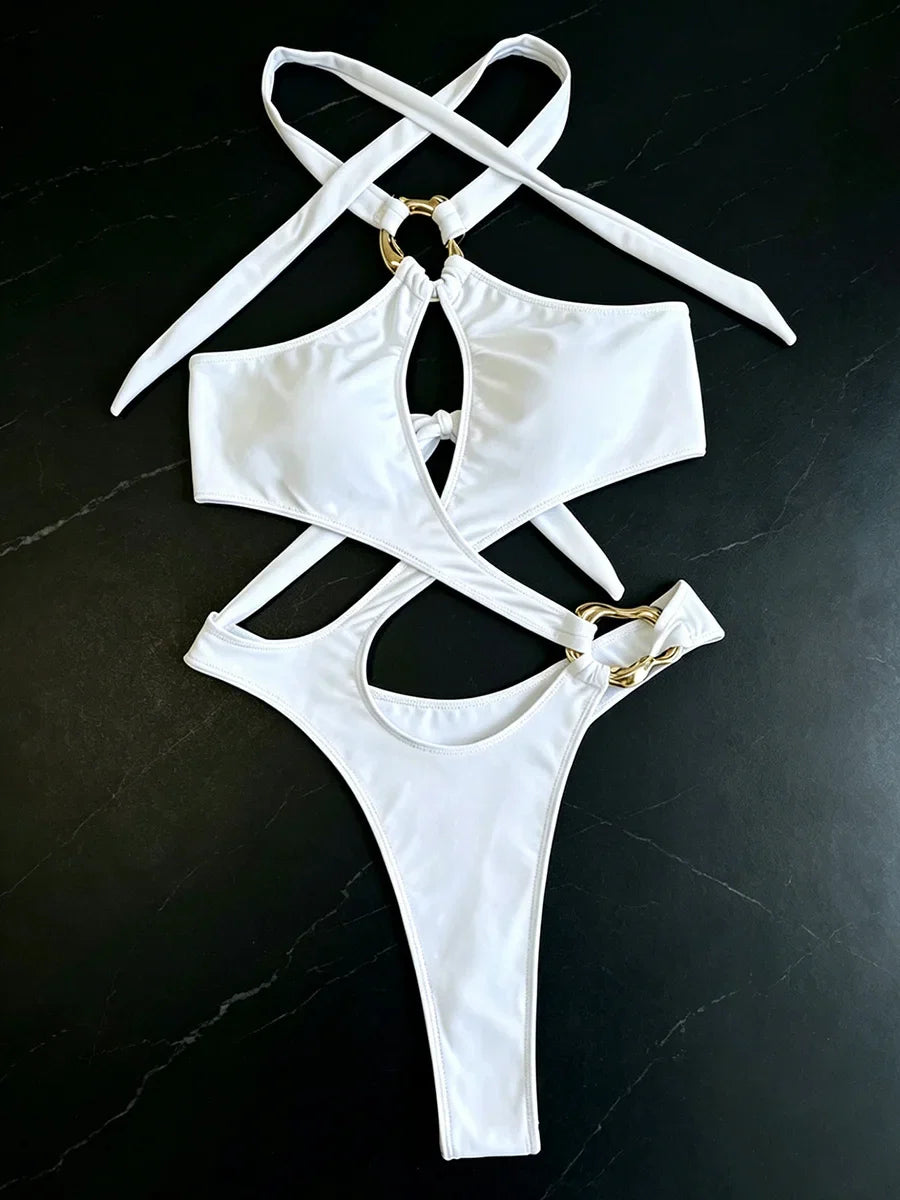 Sexy Tummy Cut Out Halter Women Thong Swimwear One Piece Swimsuit