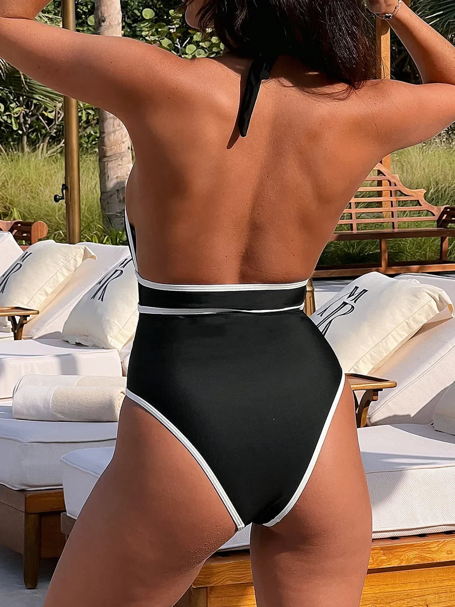 Tiger Printed Halter Deep V Neck One Piece Swimsuit