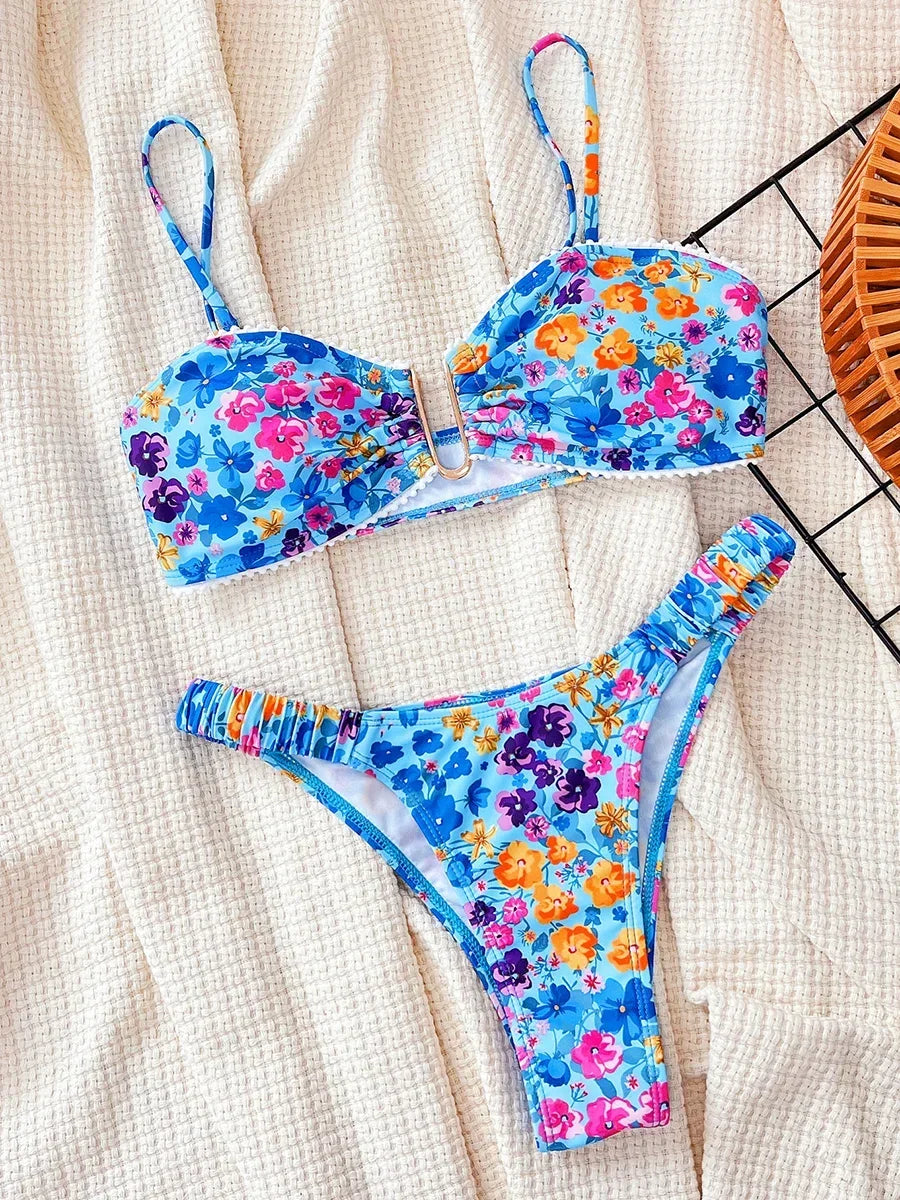 Flowers Printed U Neck Bikini