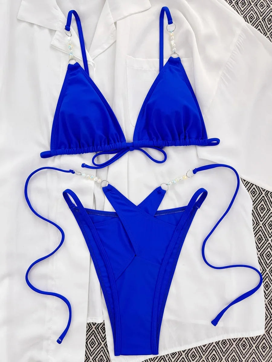 Sexy Halter Pearls High Cut Bikini