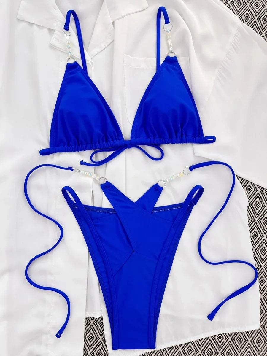 Sexy Halter Pearls High Cut Bikini
