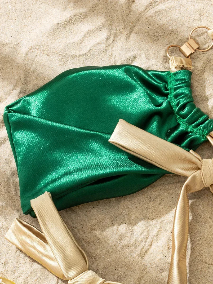 Splicing Metallic Stain One Shoulder Bikini