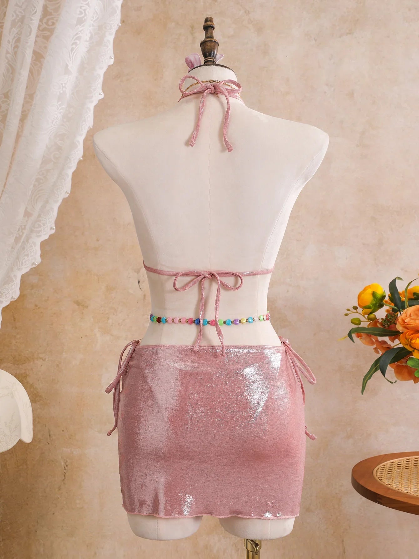 Sexy Pink 3D Flowers Embroidered Bikini Set