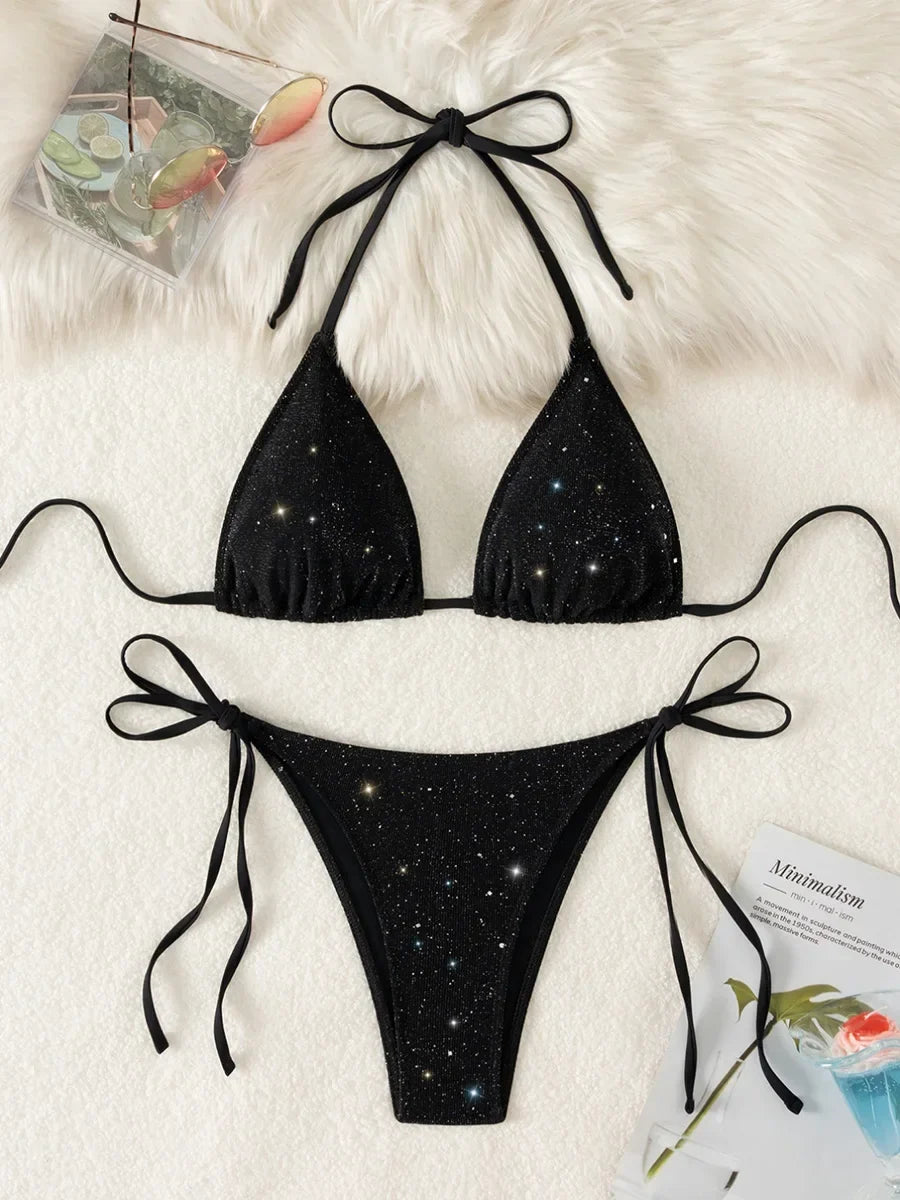 Shiny Sparkling Halter Strappy Bikini