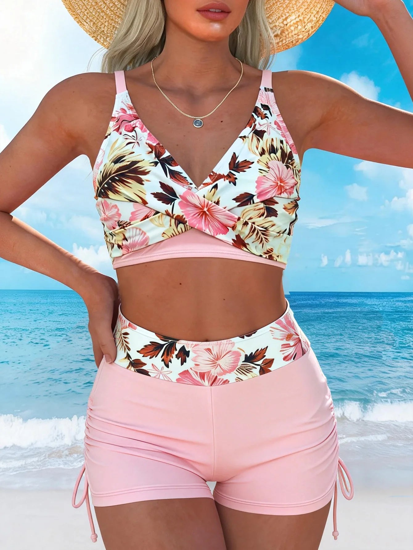 Vintage Pink Floral Print Tankini Women Cross Push Up Bra Drawstring Side High Waist Swimsuit