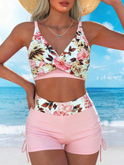 Vintage Pink Floral Print Tankini Women Cross Push Up Bra Drawstring Side High Waist Swimsuit