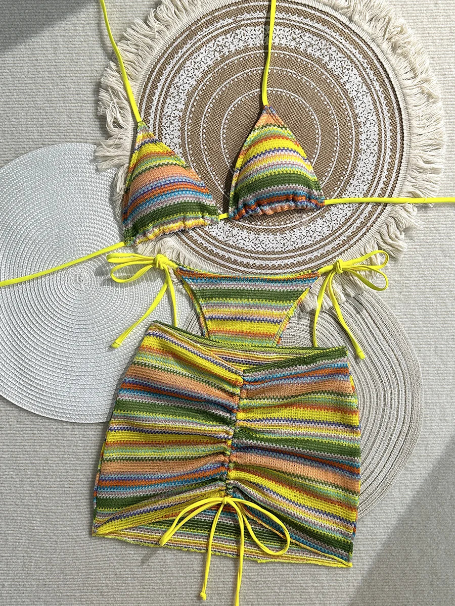 3PCS With Skirt Sarong Knitted Striped Bikini
