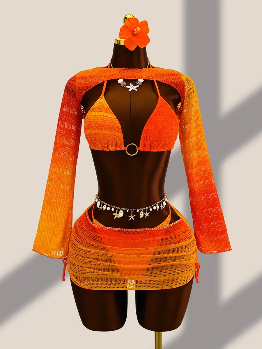 4PCS with Cover Up Skirt Gradient Knit Bikini