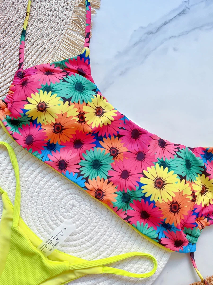 Flower Print Mini Micro Thong High Cut Bikini