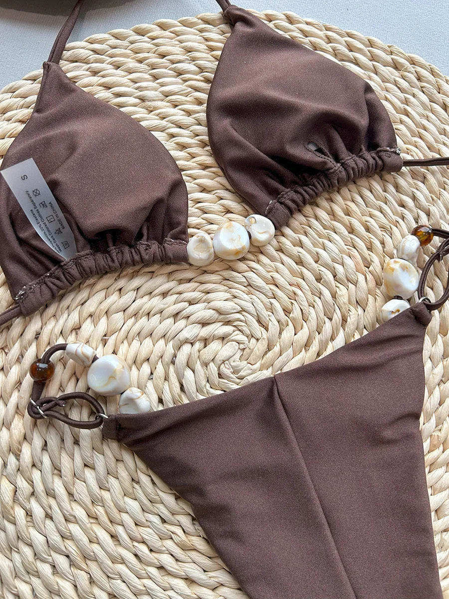 Shiny Halter High Leg Cut Beads Bikini