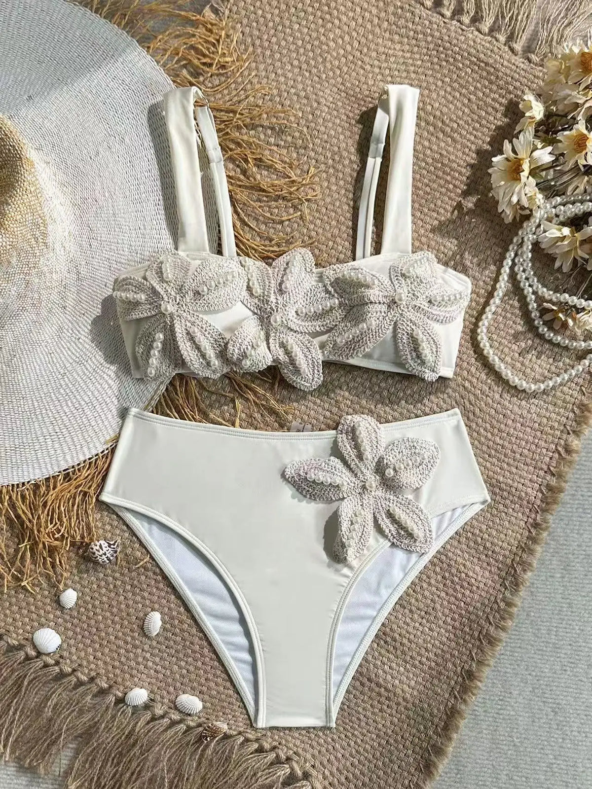 Sexy White 3D Pearls Flower Embroidery Bikini Set