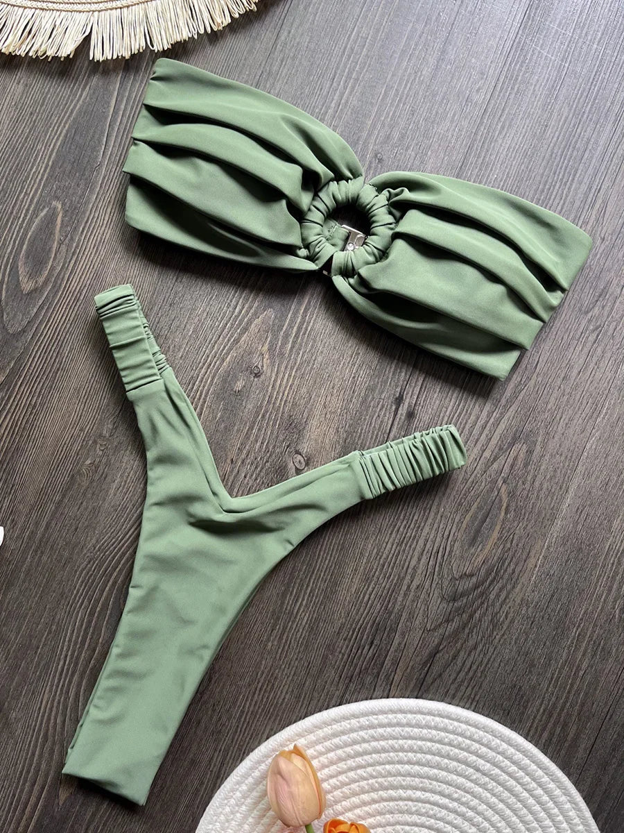 Wrinkled Bandeau High Cut Mini Thong Bikini