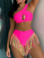 Fringe Tassel One Shoulder High Waist Bikini