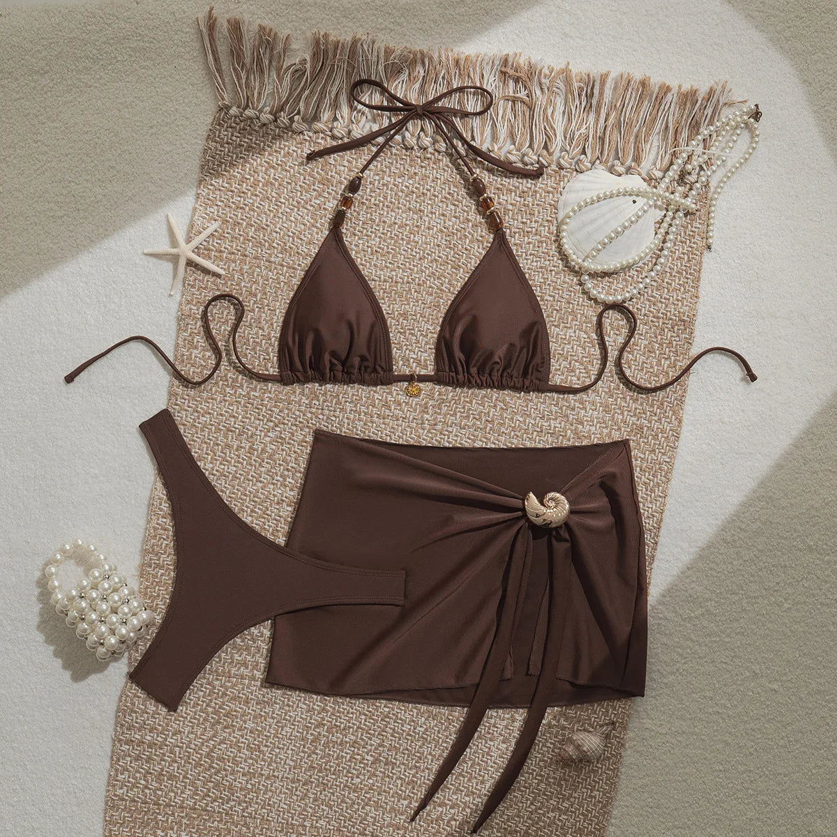 Sexy Coffee Cover Up 3 Piece Bikini Set