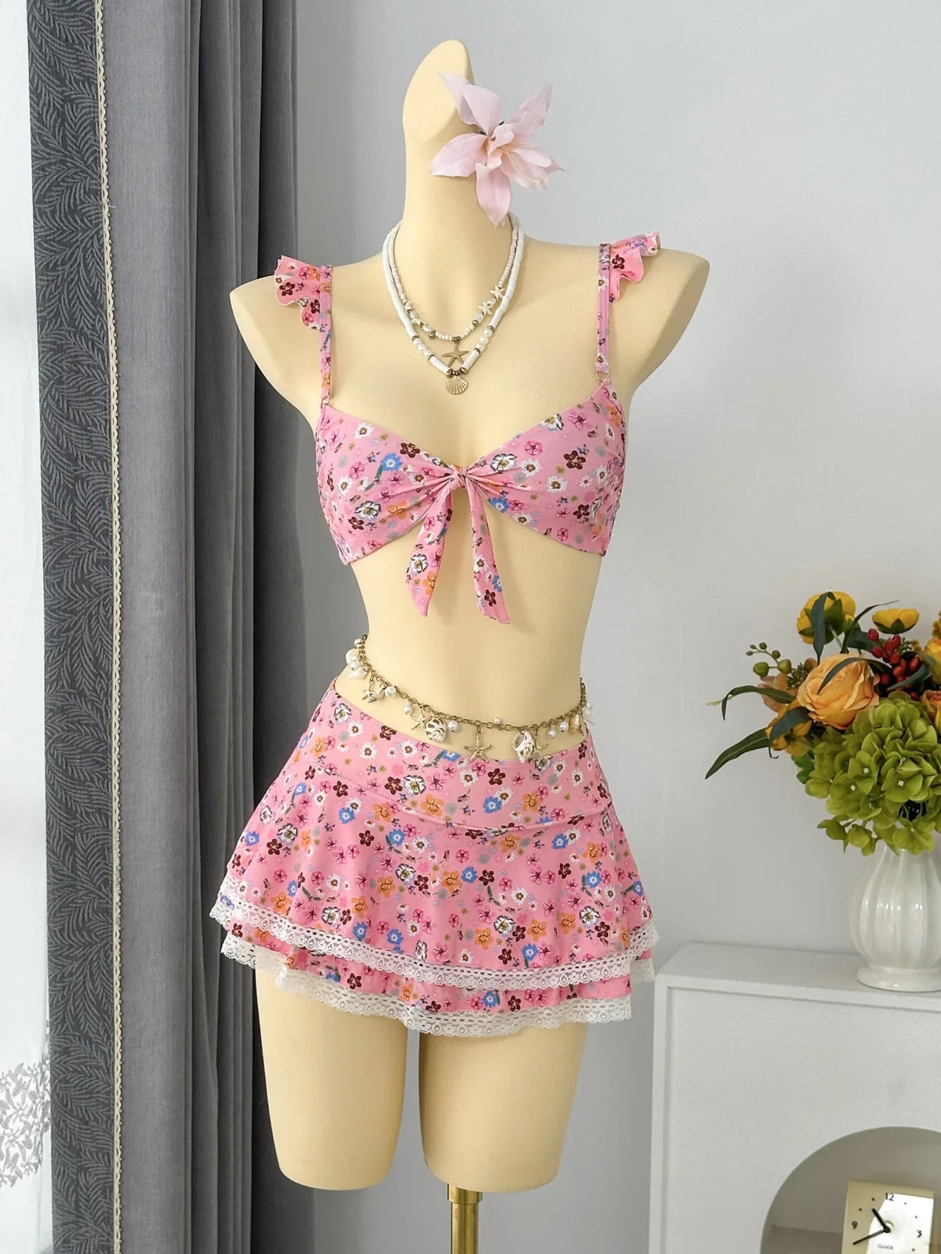 Sexy Pink Floral Print Bikini Set