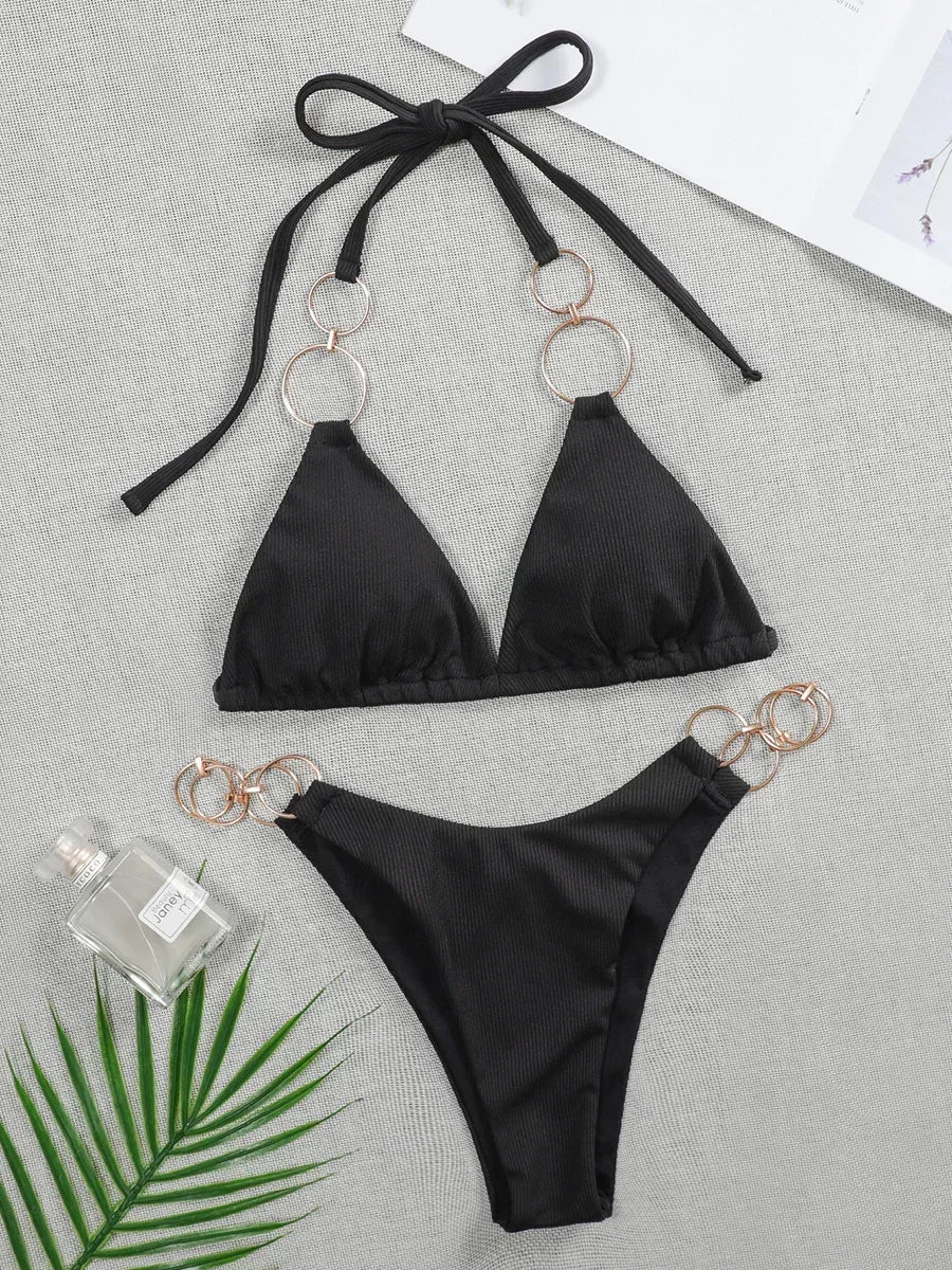Sexy Metal Rings Halter Bikini