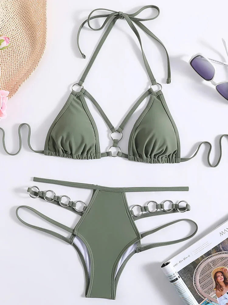 Sexy Halter Strappy Metal Rings Bikini