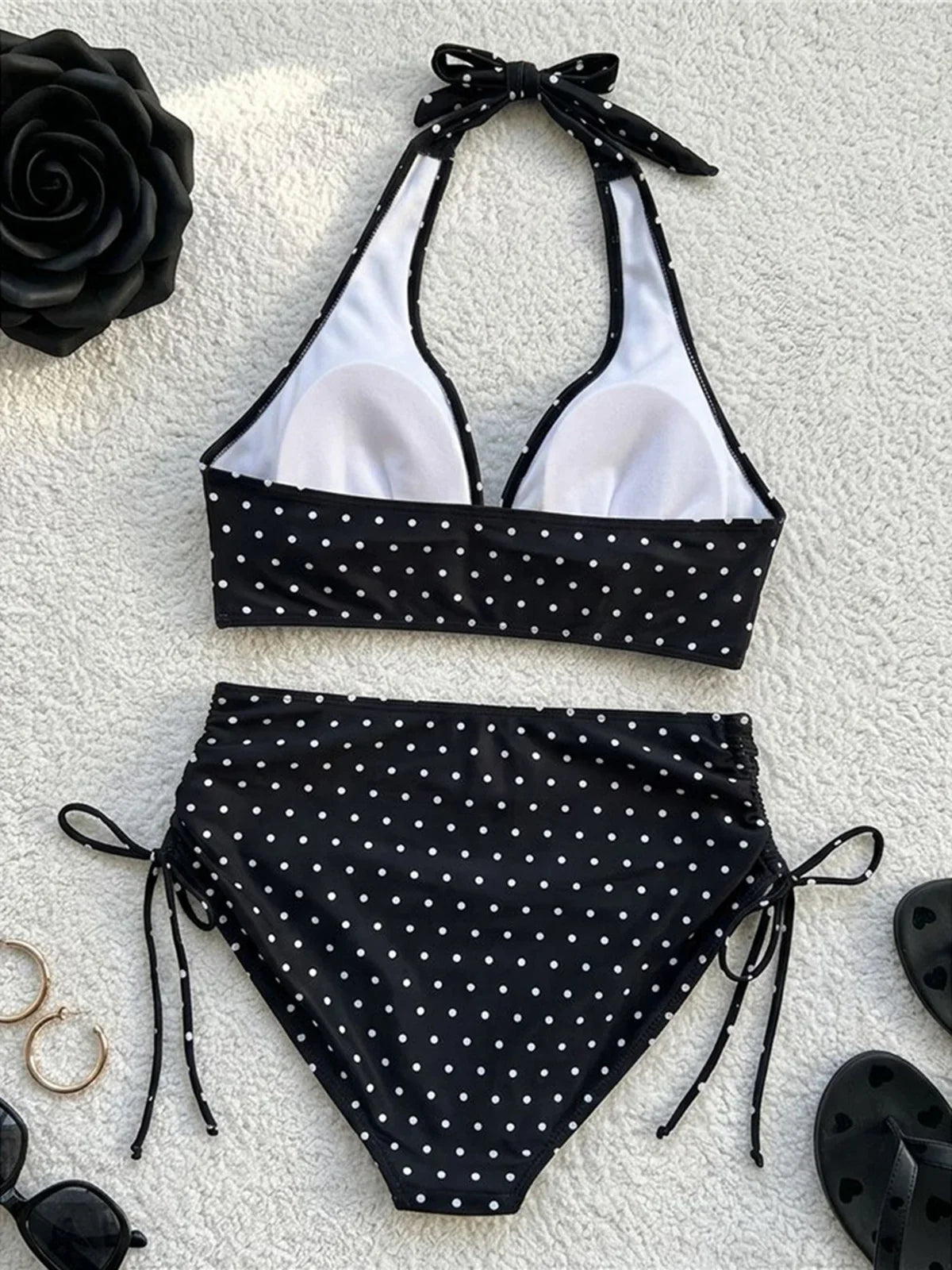 S - XL Polka Dot V Neck High Waist Bikini