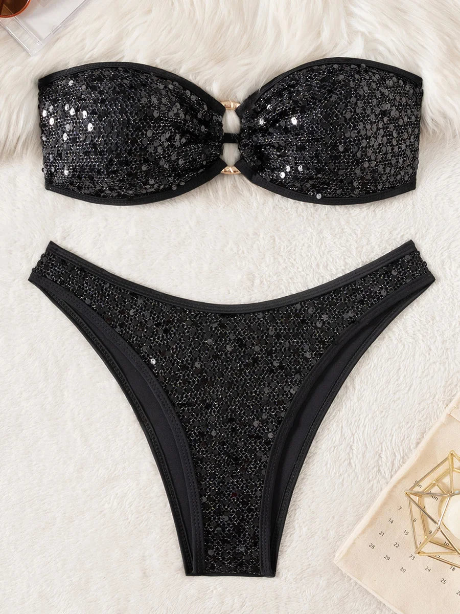 Glitter Sequins Fishnet Rings Bandeau Bikini