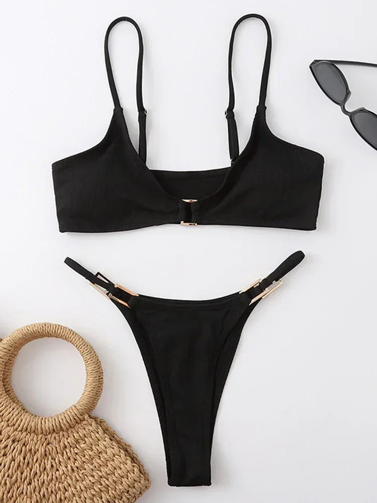 Sexy Ribbed Metal Rings High Cut Bikini