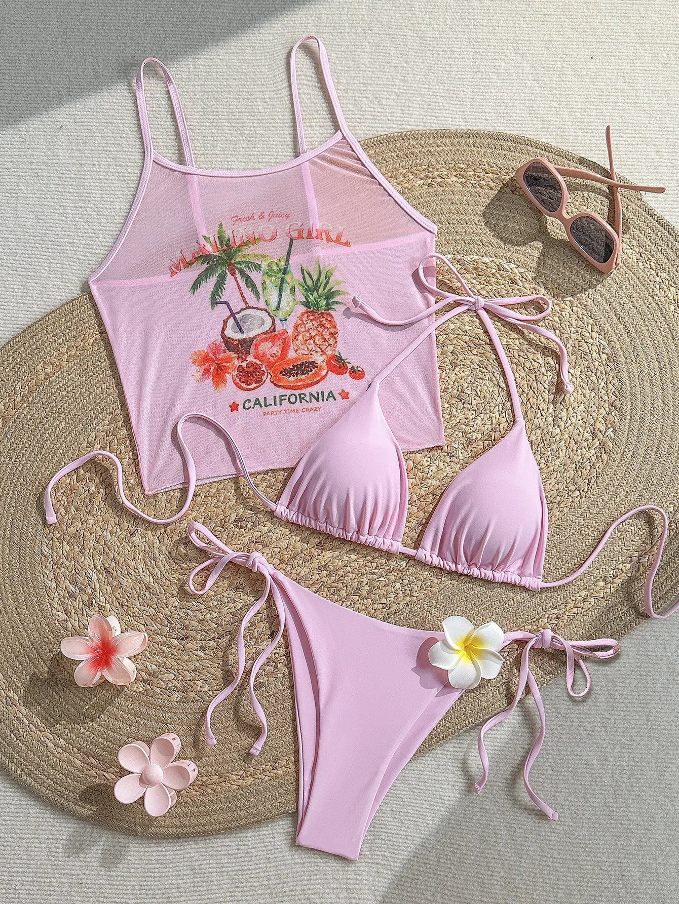 Sexy Yellow Fruit Print Cover Up Bikini Set