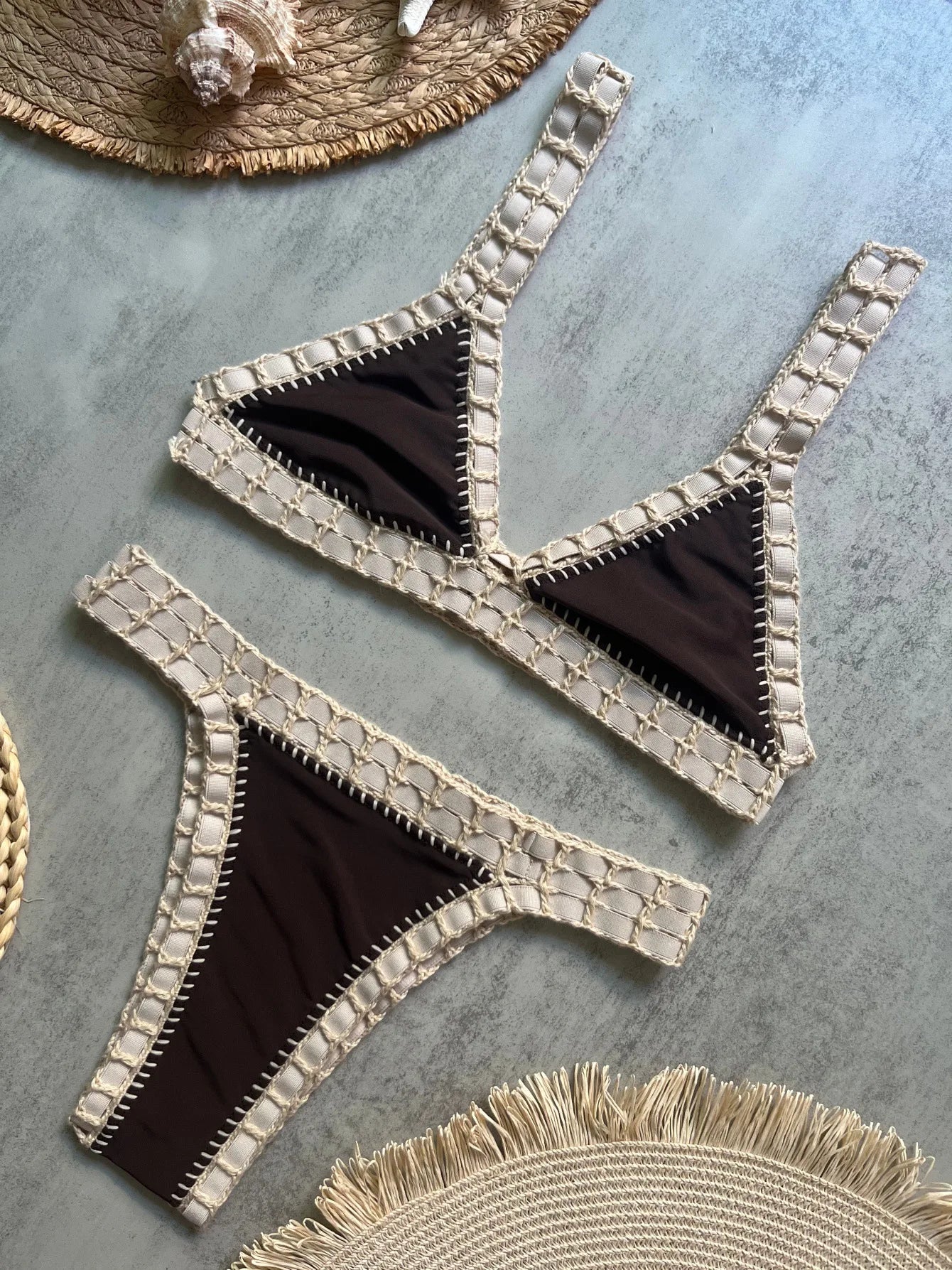 Sexy Black Patchwork Hand Crochet Bikini Set