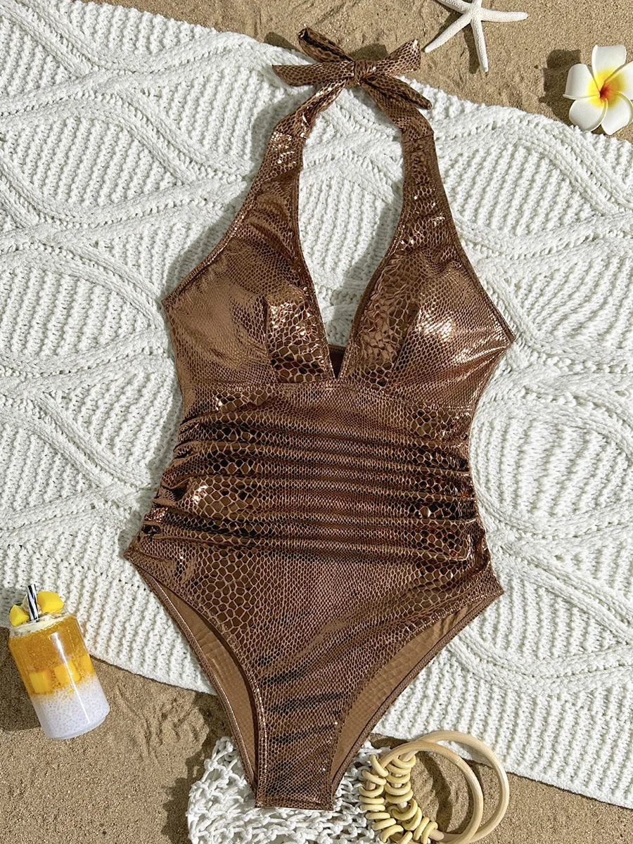 SnakeSkin Halter V Neck Backless Female Swimwear One Piece Swimsuit