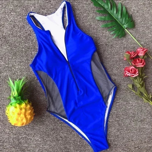 Sexy Splicing Mesh Zipper Female Swimwear One Piece Swimsuit