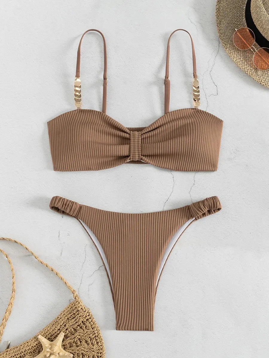 Front Knotted Metal Strap Ribbed Bikini