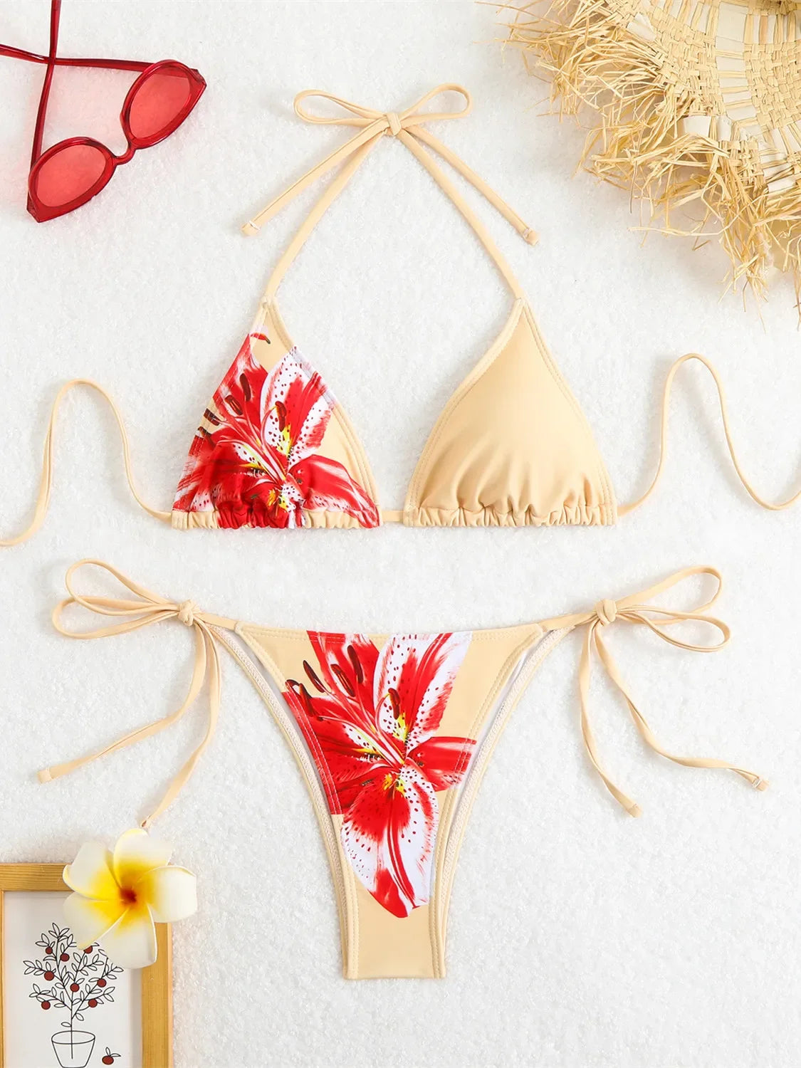 Black Floral Print Push Up Bra Tie Side Thong Swimsuit