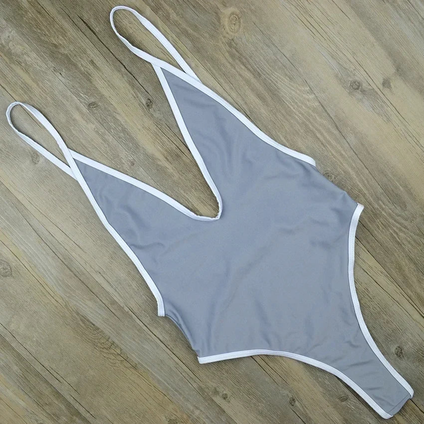 Deep V Neck Thong Swimwear Women One Piece Swimsuit