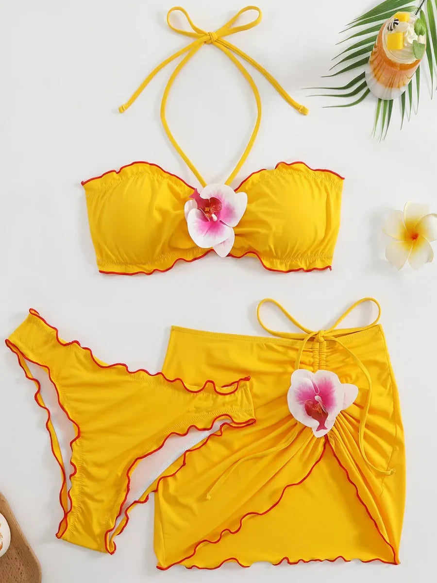 3D Flowers with Mesh Skirt Halter Bandeau Bikini