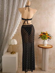 Polka Dots with Mesh Skirt Halter Shell Bikini