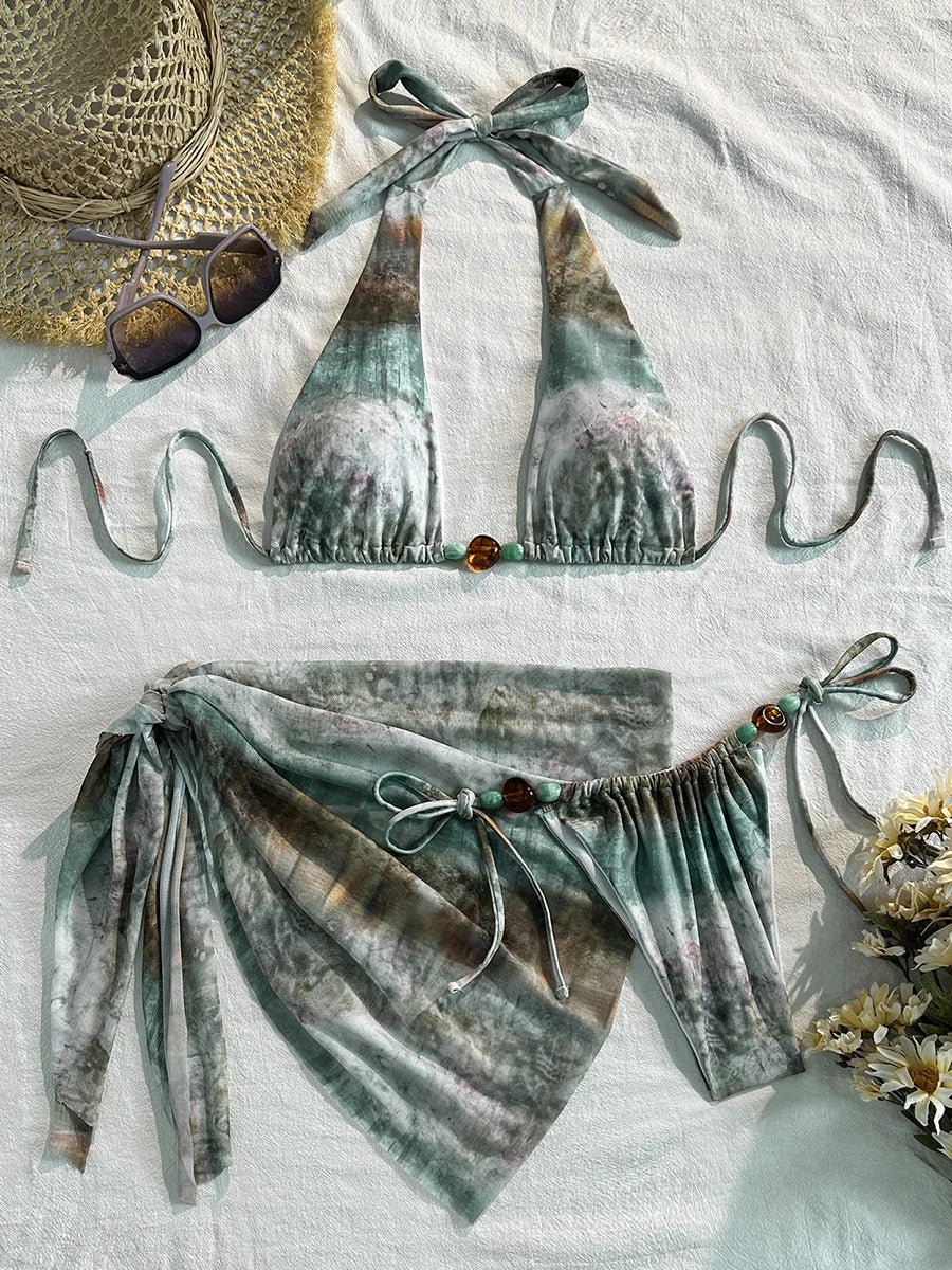 Tie Dye with Skirt Halter Beads Bikini