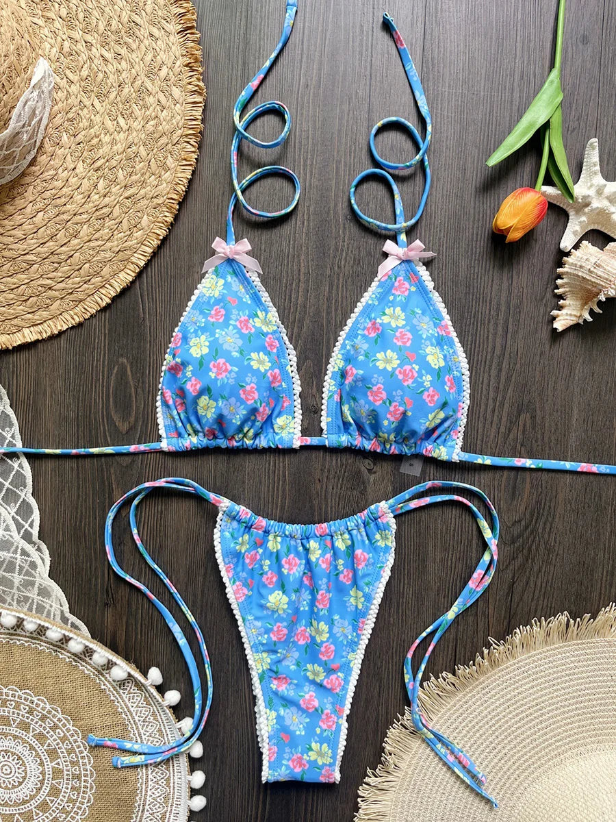 Floral Print Halter Strappy Bikini