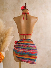 Vintage Red Striped Knitted Skirt 3 Piece Bikini Set