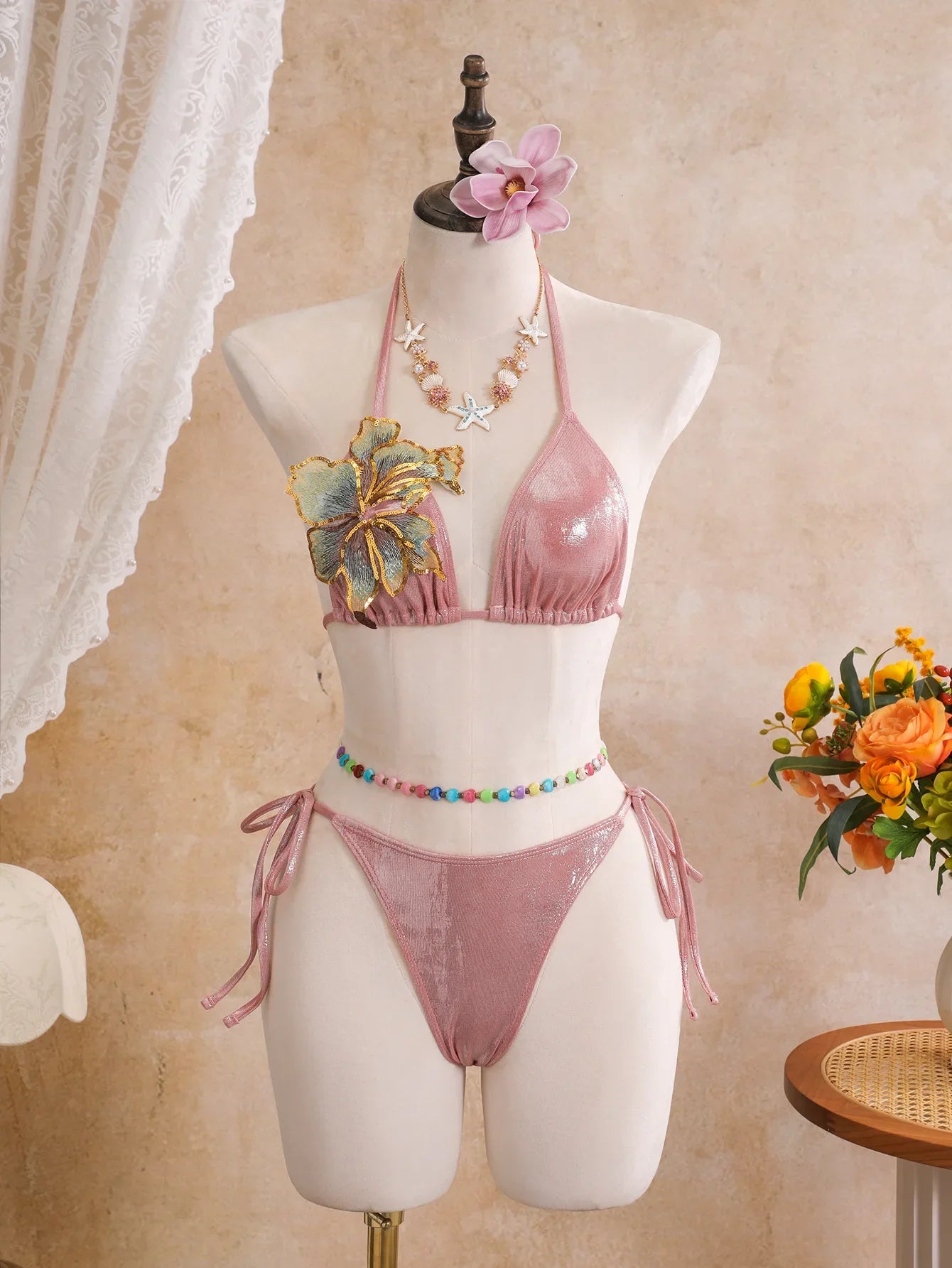 Sexy Pink 3D Flowers Embroidered Bikini Set