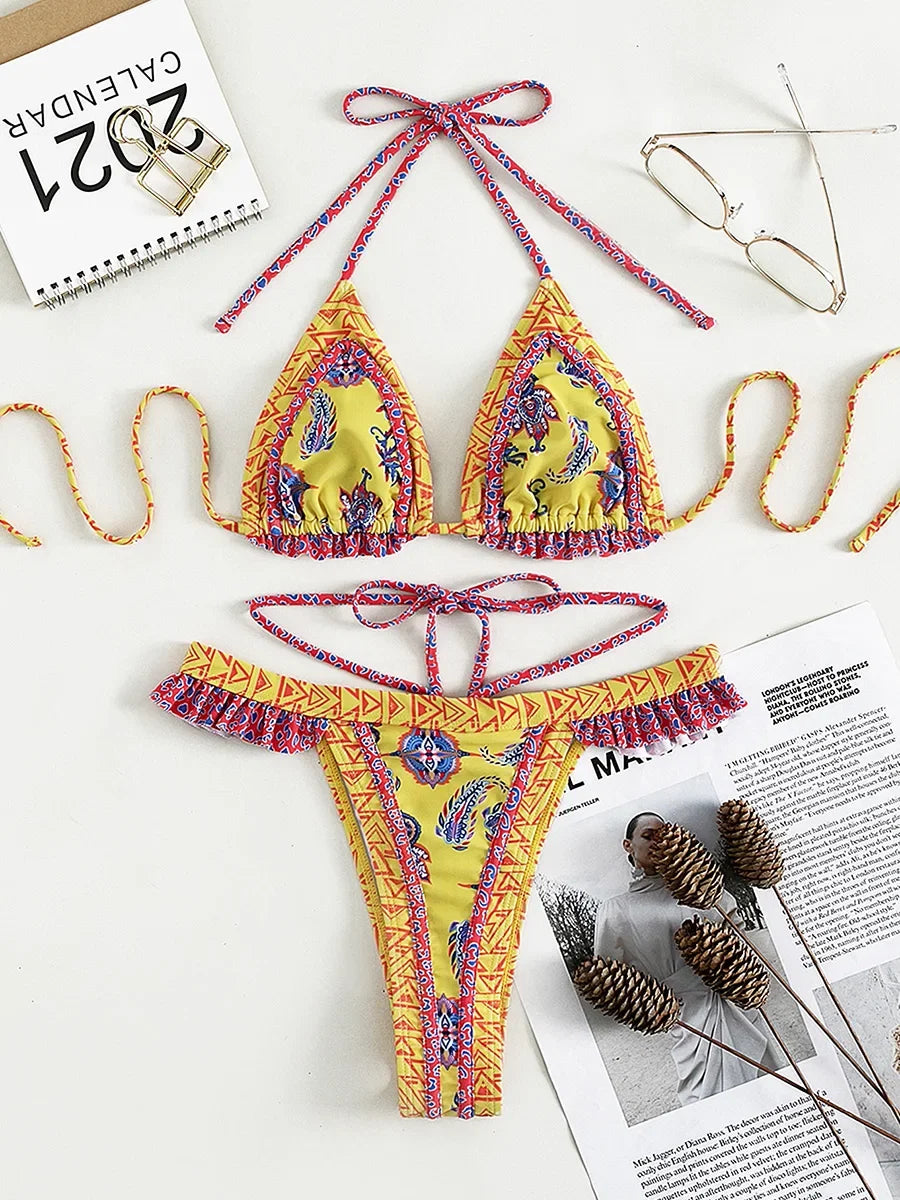Floral Print Halter Ruffle Frilled Bikini